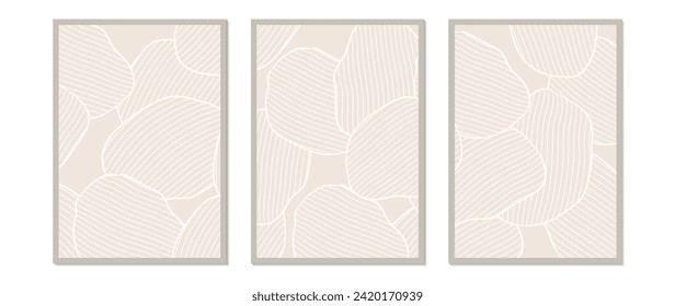 Abstract line art background vector. Minimalist modern art set, contour drawing with wavy curved line. Illustration for wallpaper, wall decor, card, poster, cover, print.	
