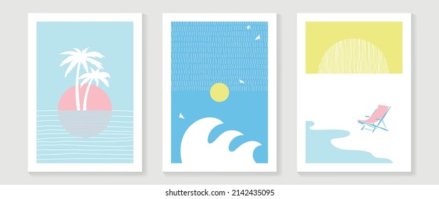 Abstract line art beach wall art template. Sea wallpaper design with coconut tree, sun, sea wave, beach chair in minimal style. Ocean painting for summer season, wall decoration, interior, background.