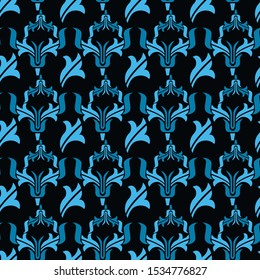 Abstract Line Art Black and Blue Color Seamless Repeat Pattern Great for spring and summer wallpaper, backgrounds, invitations, packaging design projects. Surface pattern design