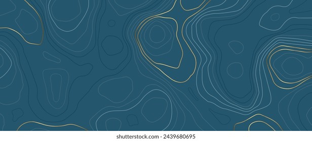 Abstract line art blue background vector. Mountain topographic map wallpaper with blue and gold lines texture. Elegant illustration design for wall arts, fabric , packaging, web, banner.