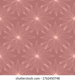 Abstract line art bud daisy seamless pattern on red background. Modern floral wallpaper. Decorative backdrop for fabric design, textile print, wrapping, cover. Vector illustration.