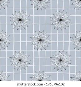 Abstract line art bud daisy seamless pattern on stripe background. Modern floral endless wallpaper. Decorative backdrop for fabric design, textile print, wrapping, cover. Vector illustration.