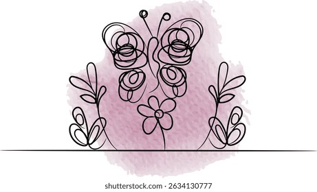 Abstract line art of a butterfly, flower and leaves on a pink watercolor background.