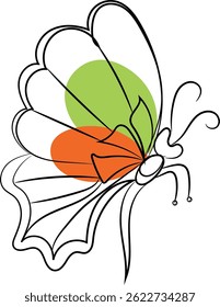 Abstract line art butterfly with orange and green accents.