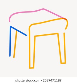 Abstract line art of a chair in vibrant colors. The chair is outlined with pink, orange, and blue lines, creating a modern and minimalistic design. Doodle illustration vector.