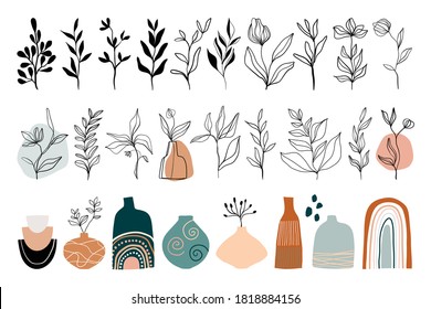 Abstract line art collection with floral elements, leaves, plants and vases, modern trendy design, contemporary artwork. Doodle shapes isolated on white