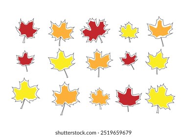 Abstract Line Art Colorful Autumn Maple Leaves. Seasonal leaf objects concept vector