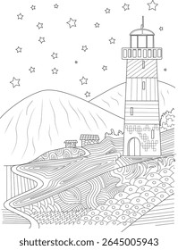 Abstract Line Art Coloring Page: Lighthouse on Coastal Hill with Mountains and Stars. Intricate Hand Drawn Doodle for Relaxation, Mindfulness and Anti-Stress Therapy. Ideal for Adults and Children.