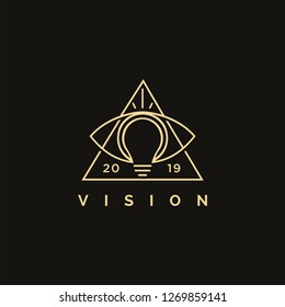 Abstract line art creative bright Vision logo icon, eye and lightbulb logo icon vector template on black background