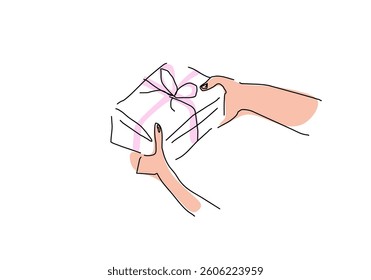 Abstract line art depicting a hand holding or giving a gift.