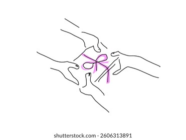 Abstract line art depicting a hand holding or giving a gift.
