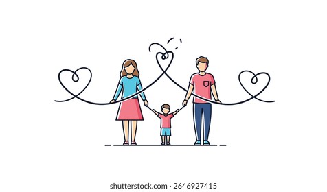 Abstract Line Art Representando Uma Família Amorosa Conectada por Cordas de Coração