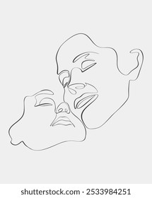 Arte em linha abstrata representando duas faces, desenhadas em um estilo minimalista contínuo, representando intimidade e conexão através da simplicidade.