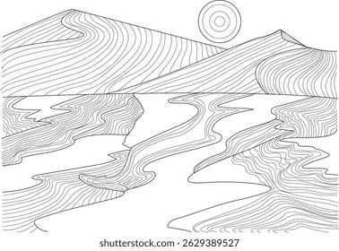 Abstract Line Art Desert Landscape inspirado no Vale da Morte, ilustração de arte em linha preta e branca capturando a beleza única de uma paisagem desértica, reminiscente do Parque Nacional do Vale da Morte,
