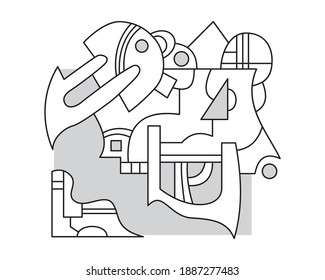 Abstract line art design. Black lines and gray colors with geometric shapes like circles, squares, and triangles. Everything on a white background.