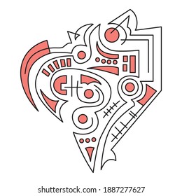 Abstract line art design. Black lines and red color with geometric shapes like circles, squares, triangles, and rectangles. Everything on a white background.