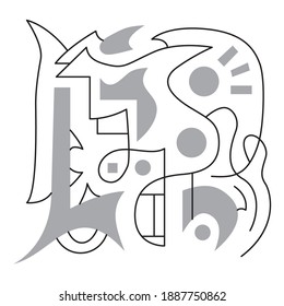 Abstract line art design. Black lines and gray geometric shapes like circles and squares. Everything on a white background.