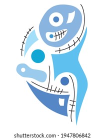 Abstract line art design. Black lines and blue (light and dark) geometric shapes like circles and organic shapes and shapes with sharp edges. Everything on a white background.
