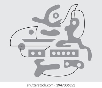 Abstract line art design. Black lines and gray geometric shapes like circles and rectangles. Everything on a light gray background background.