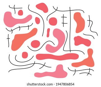 Abstract line art design. Black lines and red, orange, and pink colors with geometric shapes like circles and organic shapes. Everything on a white background.

