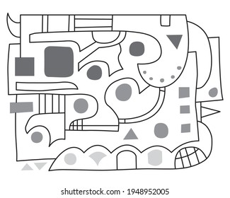 Abstract line art design. Black lines and gray (grey) geometric shapes like circles, rectangular, and organic shapes. Everything on a white background.
