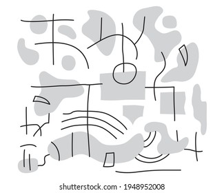 Abstract line art design. Black lines and gray (grey) geometric shapes like circles, rectangular, and organic shapes. Everything on a white background.
