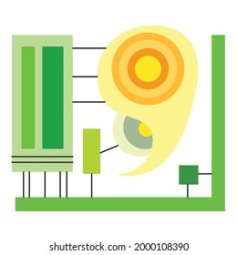 Abstract line art design. Black lines and green, yellow, and orange geometric shapes like circles, rectangles, and mixed shapes. 