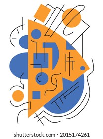 Abstract line art design. Black lines and blue and orange geometric shapes like circles, triangles, and rectangles. Everything on a white background.