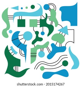Abstract line art design. Black lines and light blue and green and dark blue and green geometric shapes like circles, triangles, and organic shapes. Everything on a white background.