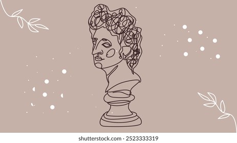 an abstract line art drawing of a bust statue with intricate curly hair, set against a beige background adorned with simple leaf and dot patterns.