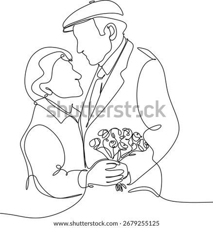 Abstract line art of an elderly man and woman, hand drawn without the use of artificial intelligence