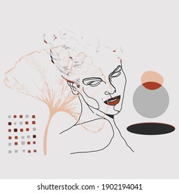 Resumen de la cara de arte de la línea. dibujo de contorno. Arte mínimo sobre el fondo de las flores de formas geométricas. Ilustración moderna mínima de oro y gris. Elegante dibujo de follaje de línea continua