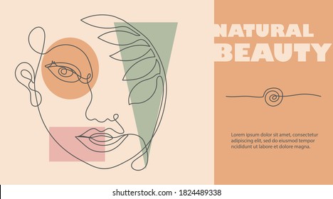Abstract line art face design template. Continuous line from woman portrait to branch. Natural beauty symbol. Abstract geometric shapes. Vector illustration.