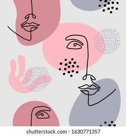 Abstract line art face, modern contemporary minimalist woman portrait. Young girl hand drawn character. Vector abstract illustration. Shape collage digital artwork. Seamless pattern background