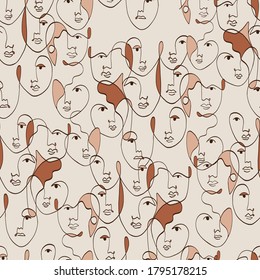 Abstract line art face seamless pattern background. Minimal hand drawn illustration.