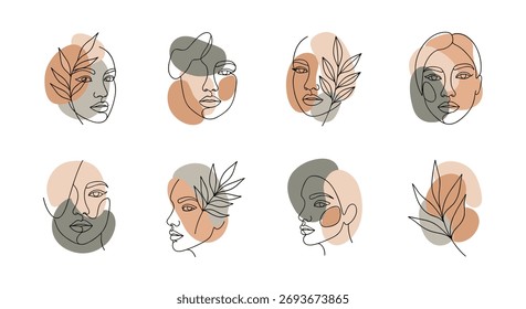 Abstract line art faces with leaves and color spots on white background