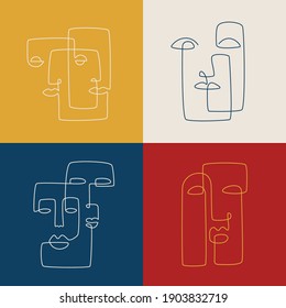 Abstract line art faces set. Boho style illustrations.