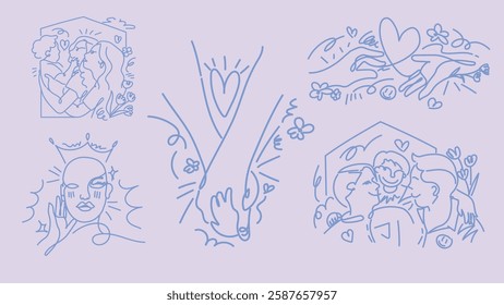 Abstract line art featuring couples, hearts, and hands. Romantic, expressive, and artistic designs with love and connection themes in minimalist style. Doodle vector set.