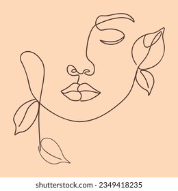 Abstract line art female face with leaves minimalistic illustration.
