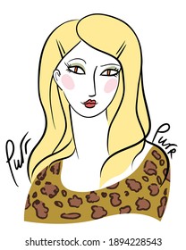 Retrato femenino de arte de línea abstracta. Coqueta rubia glamorosa de moda, chica con maquillaje brillante vestido con estampado de leopardo. Diseño de impresión vectorial de camisetas - Purr Purr. Una chica joven con una mirada desdeñosa e astuta.