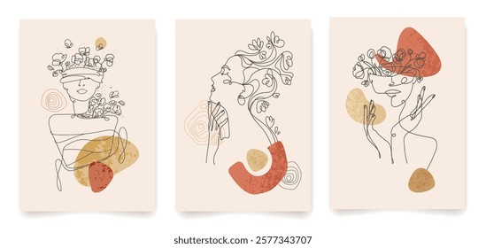 Abstract line art female surrealistic portraits with floral and organic shapes in earthy tones Set. Contemporary Minimalist Female Portraits with Nature Elements.Print, wall art, poster .Vector