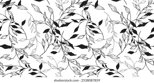 Abstract line art floral background with leaves seamless pattern. Hand drawn outline design for fabric , print, cover, banner and invitation
