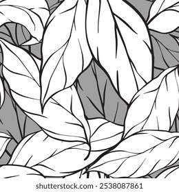 Abstract line art floral background with leaves seamless pattern. Hand drawn outline design for fabric , print, cover, banner and invitation
