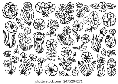 Abstract line art floral design elements. Hand drawn flowers with black thin line. Flowers with leaves drawings.