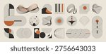 Abstract line art geometric shapes vector set in terracotta, black, taupe, and beige. Minimal retro collection with arches, waves, ribbons, and circles for posters, branding, packaging, and decor.