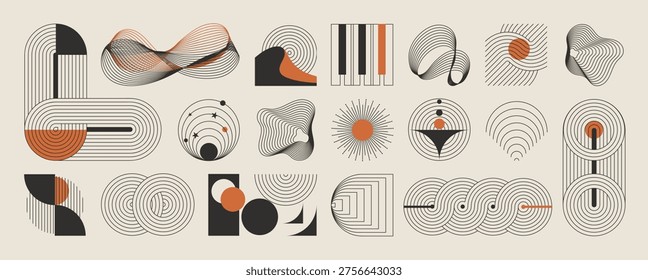 Abstract line art geometric shapes vector set in terracotta, black, taupe, and beige. Minimal retro collection with arches, waves, ribbons, and circles for posters, branding, packaging, and decor.