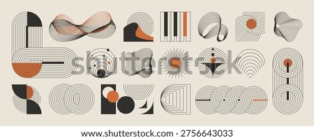Abstract line art geometric shapes vector set in terracotta, black, taupe, and beige. Minimal retro collection with arches, waves, ribbons, and circles for posters, branding, packaging, and decor.