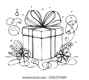 Abstract Line Art Gift Box with Floral Accents and Swirls A Delightful Present Illustration