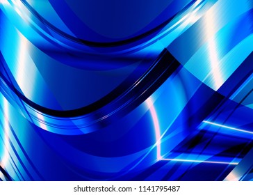 Abstract line art, glowing wavy lines, smooth dark blue colored background.