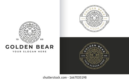 Abstract Line Art Golden Bear Logo With Circle Badge Template